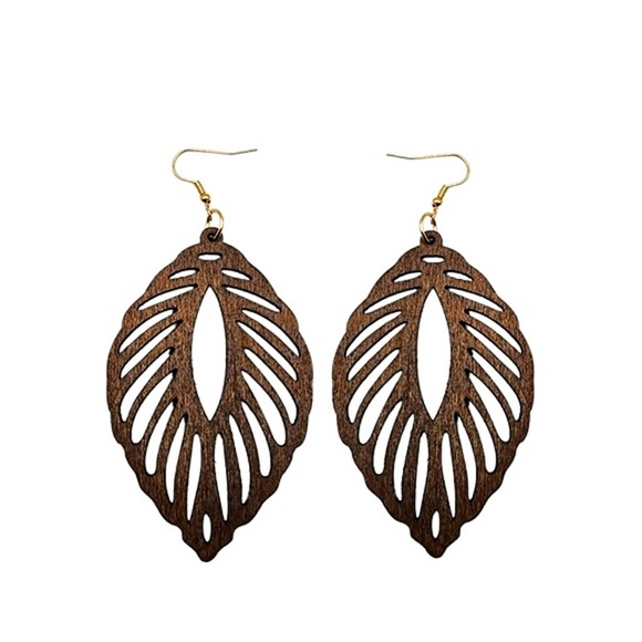 Boheme Jewelry - Hollow Leaf Earrings Wood Bohemian Dangle Boho Style Ear Jewelry Brown Gold